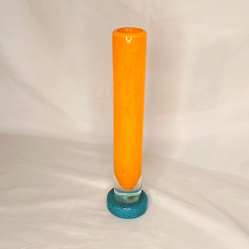 90s Hand Blown Glass O'Dell 99 Vase Orange Teal Signed Fall Colors Decor